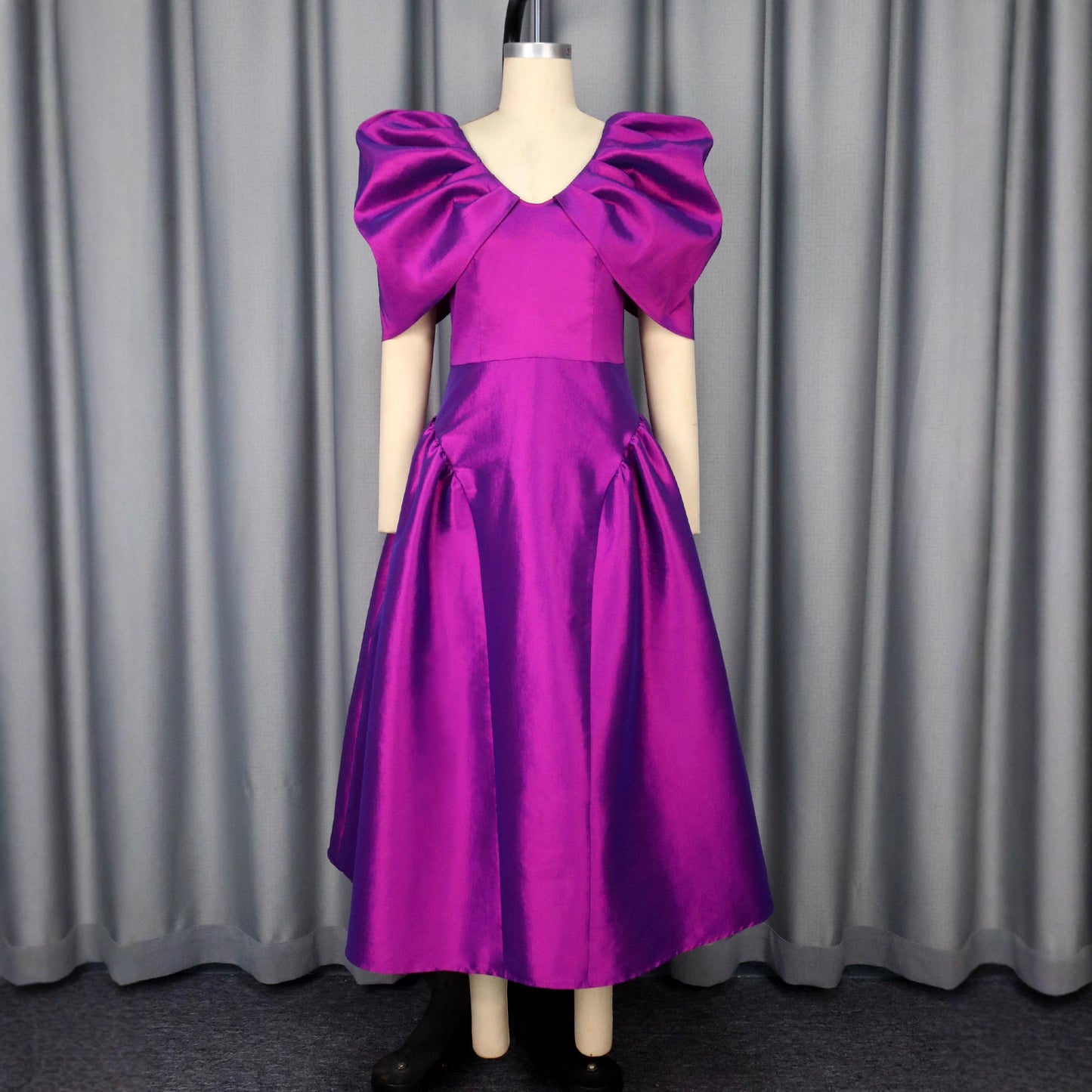 Elegant Purple A-Line High-Waist Dress with Puff Sleeves – S to XXL