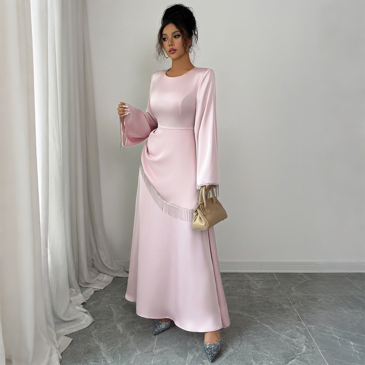 Women's High-Waist Pink Long Sleeve Dress – Elegant Polyester Midi Dress