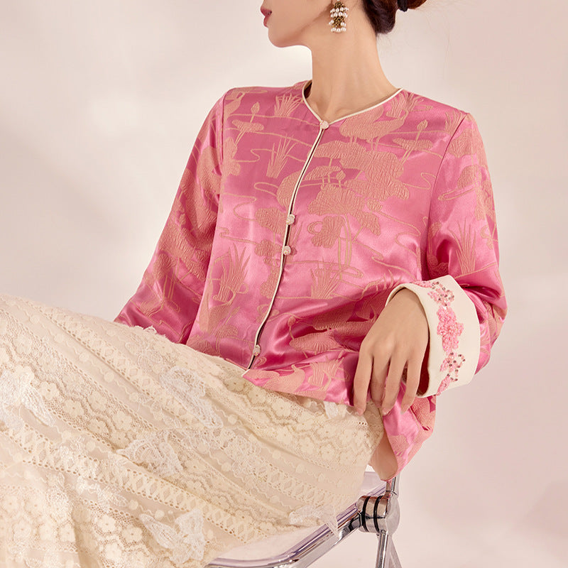 Women’s Pink Silk Blouse – Chinese Style Art Retro Top with Floral Embroidery & Beading