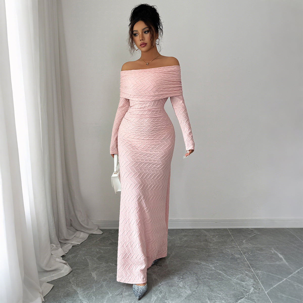 Women's Pink Long Sleeve Pullover Dress – Mid Waist Casual Elegance
