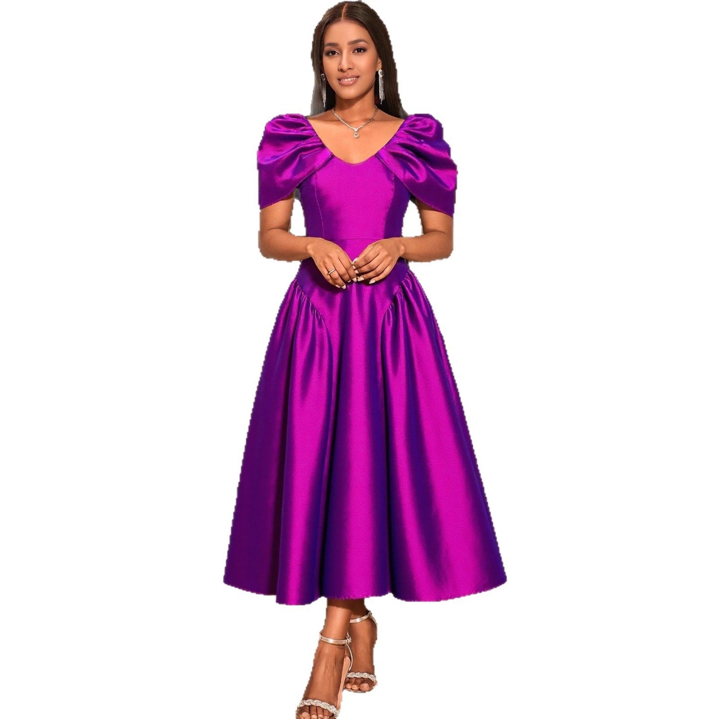 Elegant Purple A-Line High-Waist Dress with Puff Sleeves – S to XXL