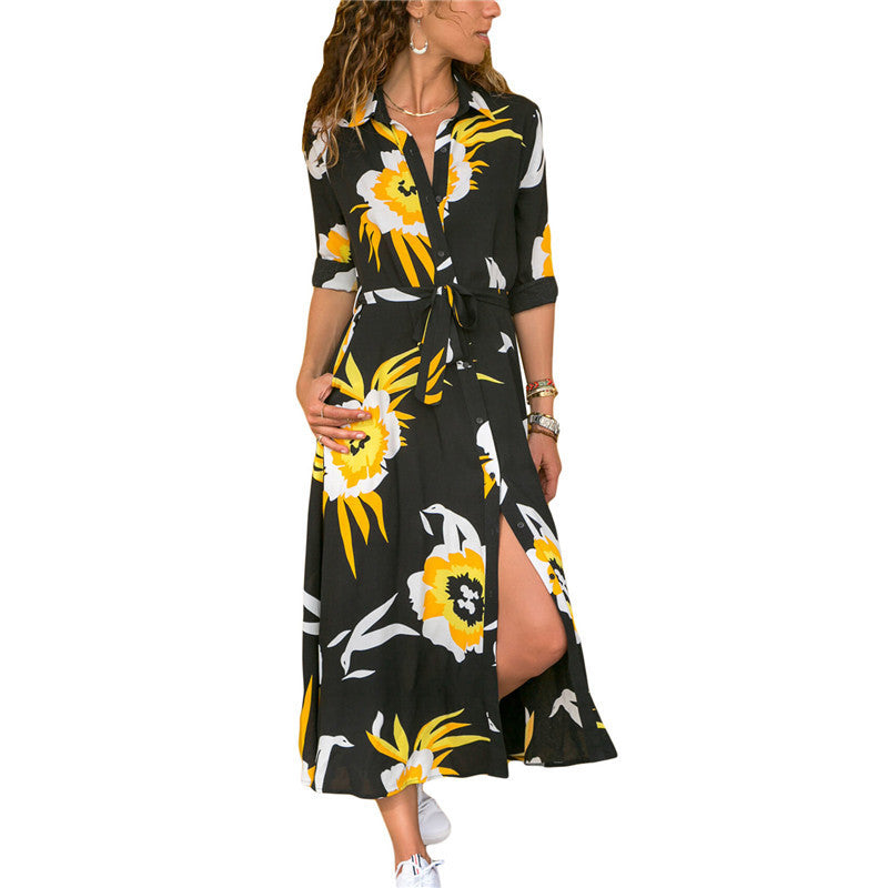 Printed Chiffon V-Neck A-Line Dress – High Waist Stitch Detail Midi Dress