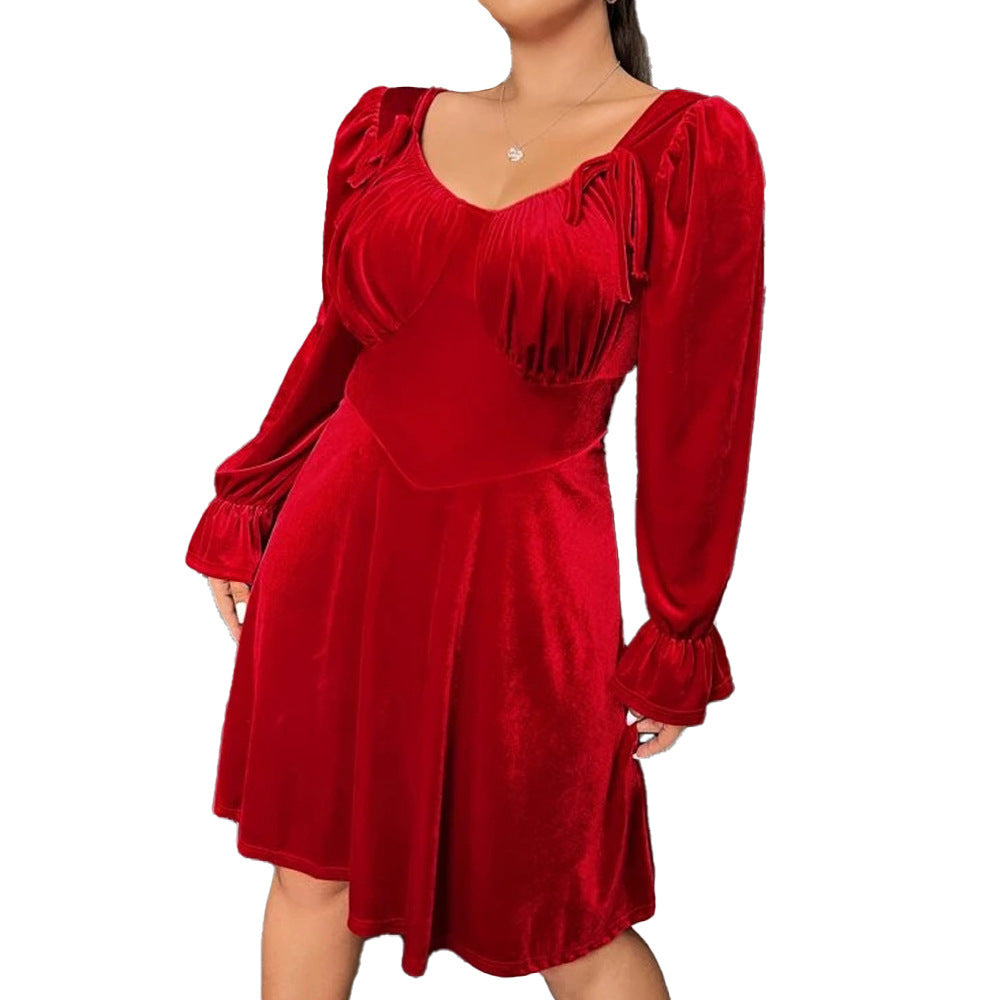 Plus Size Red A-Line High Waist Dress – Solid Color Polyester Dress