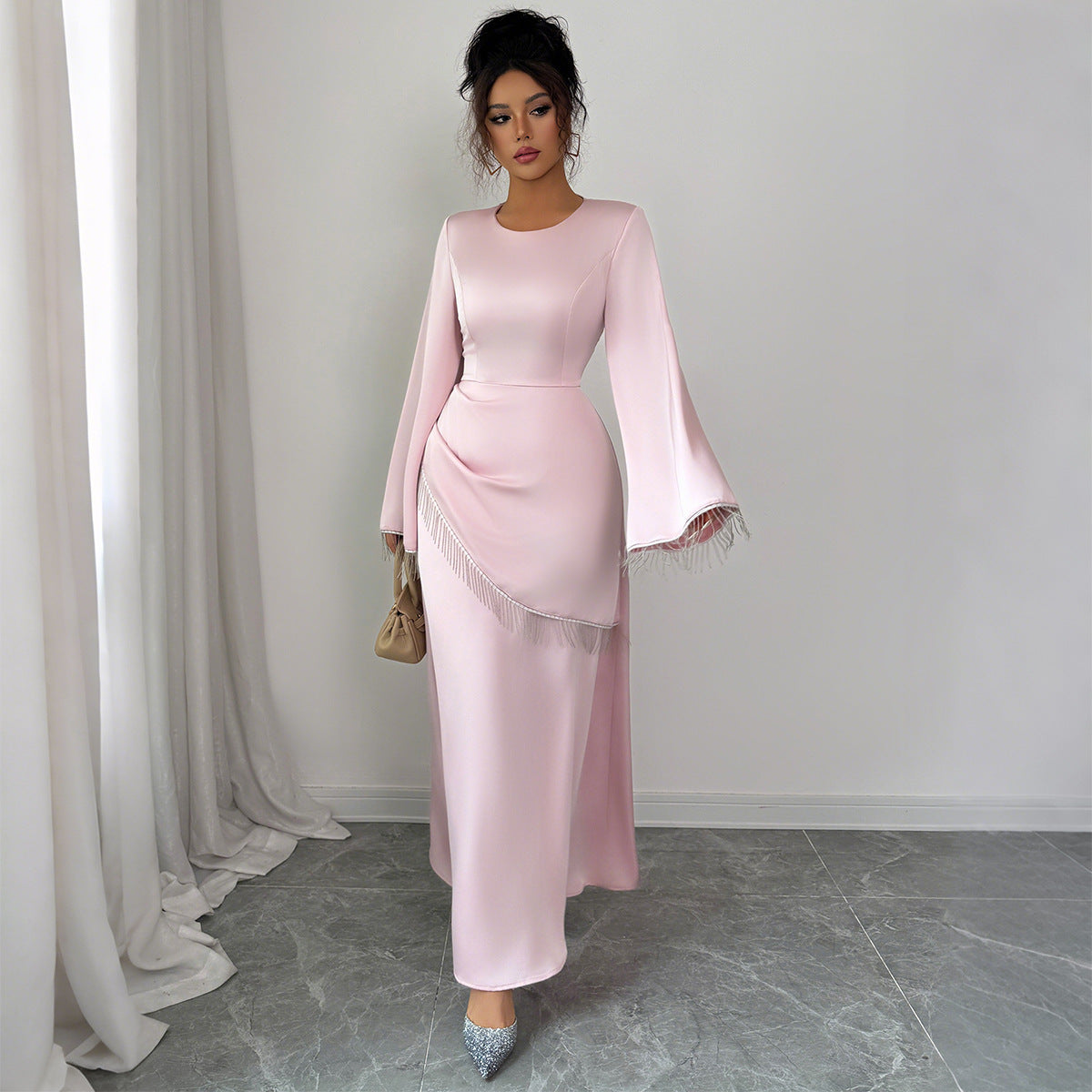 Women's High-Waist Pink Long Sleeve Dress – Elegant Polyester Midi Dress