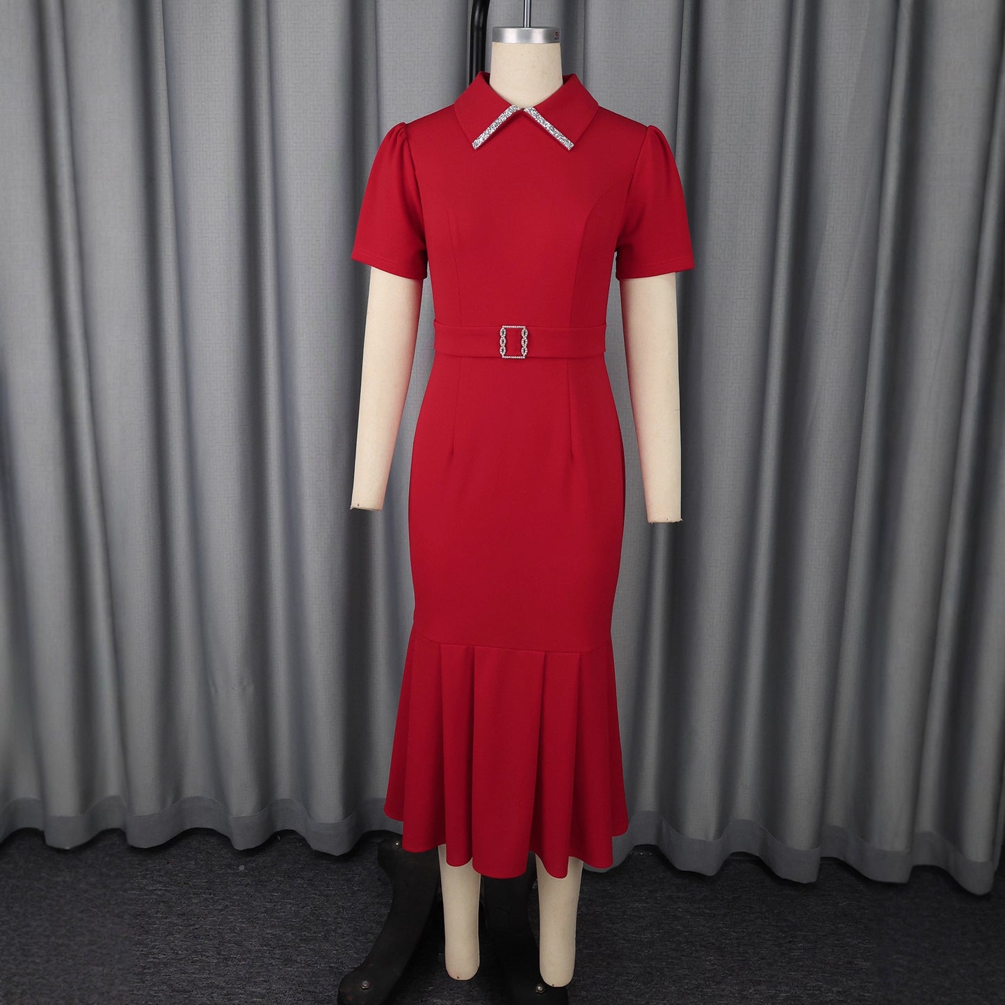 Elegant Red High-Waist Pullover Dress – Mid-Length Hip Skirt