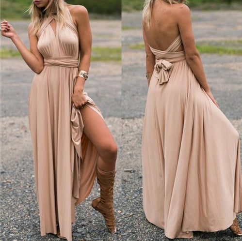 Women's Multi-Way Convertible Halter Maxi Dress – Backless Lace-Up Gown with Long Straps