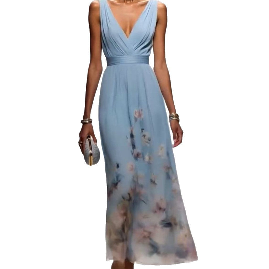 Light Blue High-Waist Sleeveless Long Dress – European & American Style