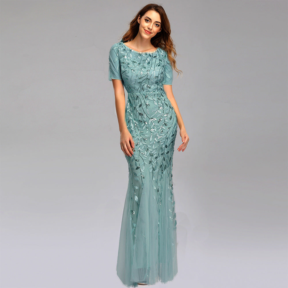 Elegant Lace & Embroidered Round Neck Floor-Length Dress