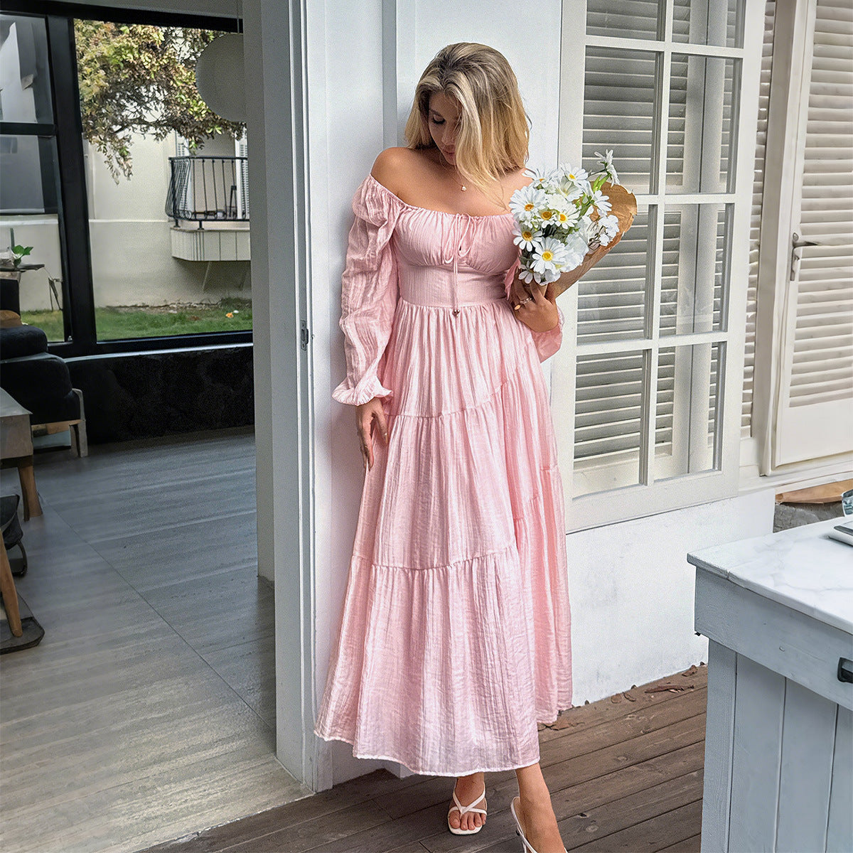 Women's Puff Sleeve Lyocell Midi Dress – Soft Mid Waist Long Sleeve Dress