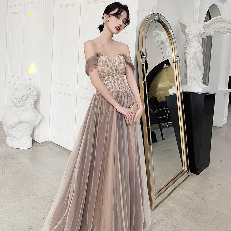 Elegant Coffee-Toned Polyester Evening Dress – Medium & Long Styles