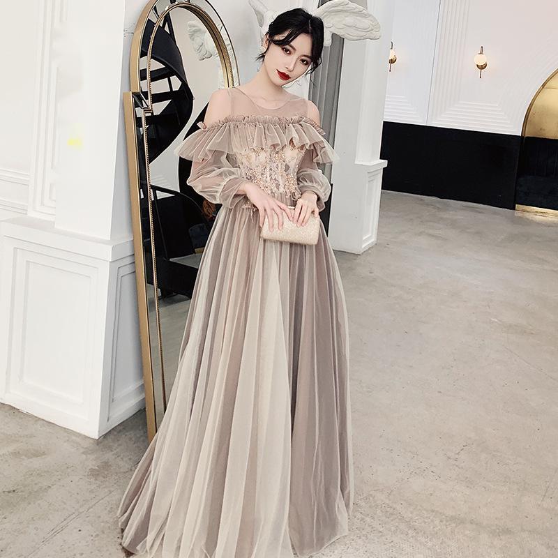 Elegant Coffee-Toned Polyester Evening Dress – Medium & Long Styles