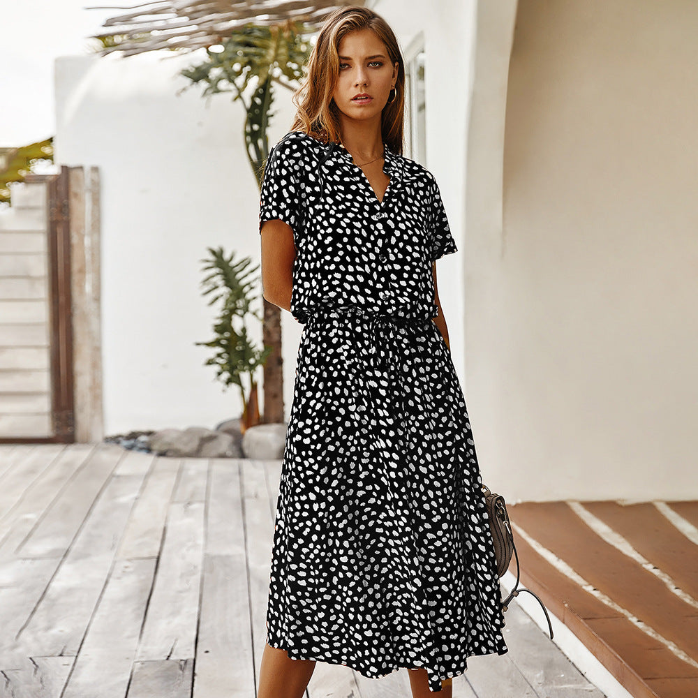 Polka Dot High Waist Dress – Short Sleeve Cotton Rayon Printed Dress