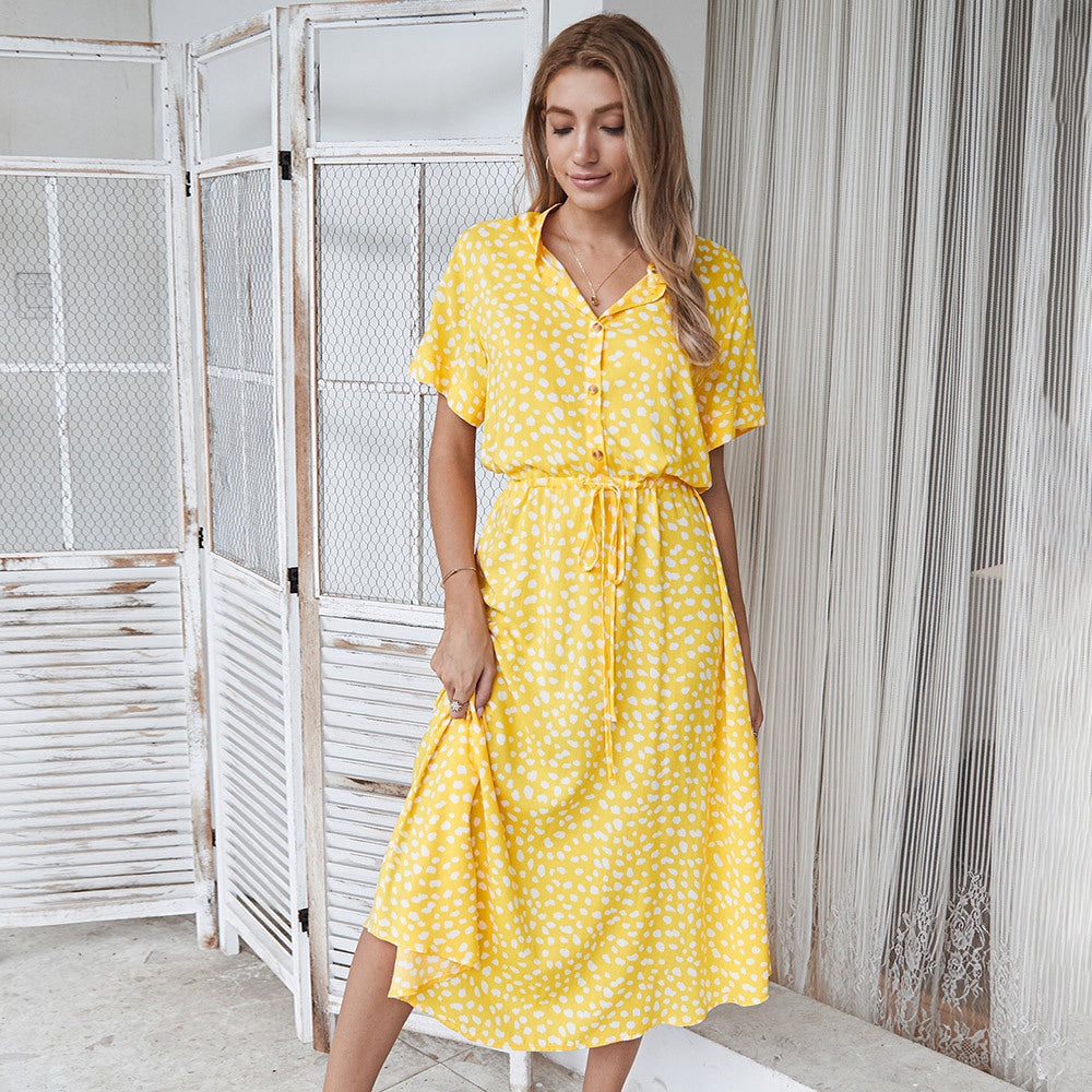 Polka Dot High Waist Dress – Short Sleeve Cotton Rayon Printed Dress