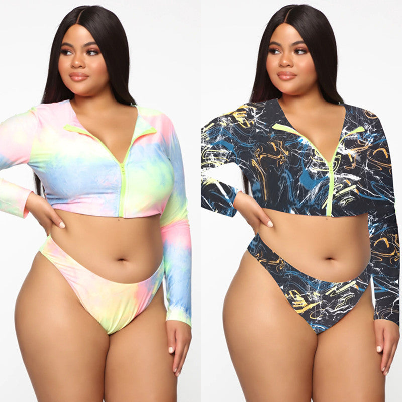 Women’s Plus Size Gradient Swimsuit Set – Long Sleeve Zipper Top & Shorts