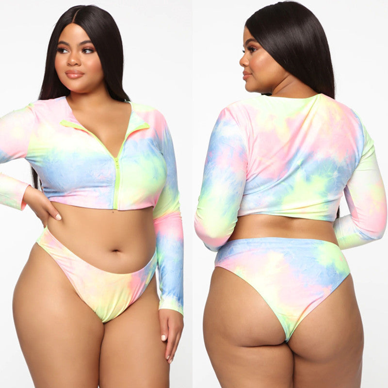 Women’s Plus Size Gradient Swimsuit Set – Long Sleeve Zipper Top & Shorts