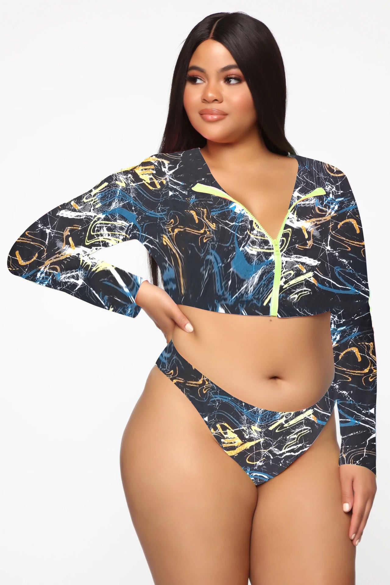 Women’s Plus Size Gradient Swimsuit Set – Long Sleeve Zipper Top & Shorts