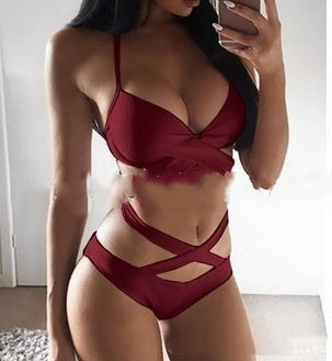Women’s Sexy Solid Color Nylon Bikini Set With Steel Support