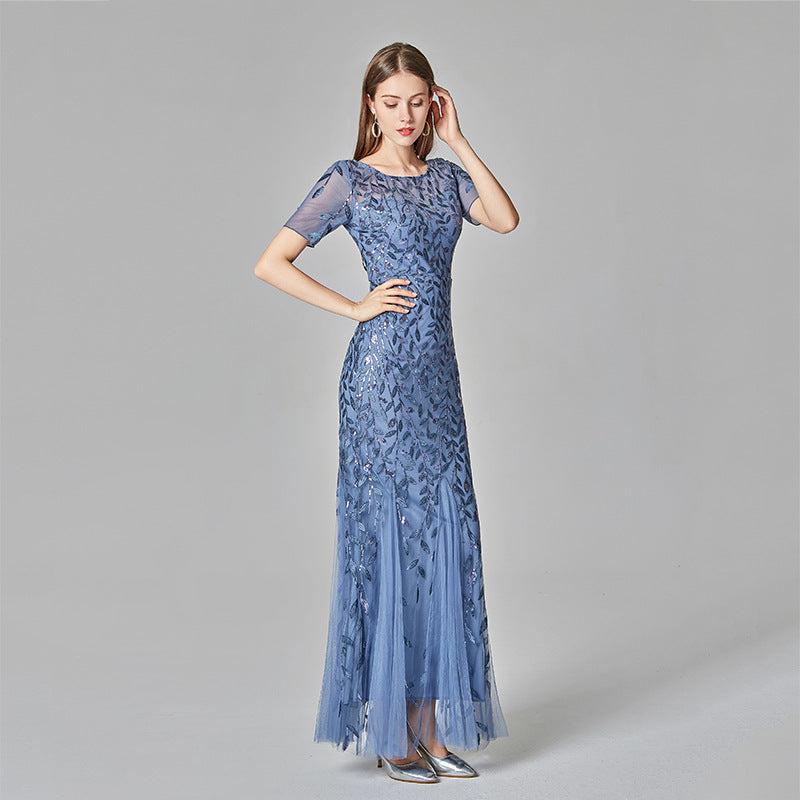 Elegant Lace & Embroidered Round Neck Floor-Length Dress