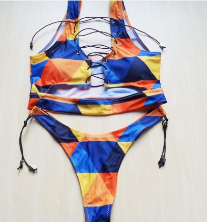 Women’s Geometric Print Bikini Set – Low Waist Wire-Free Swimwear
