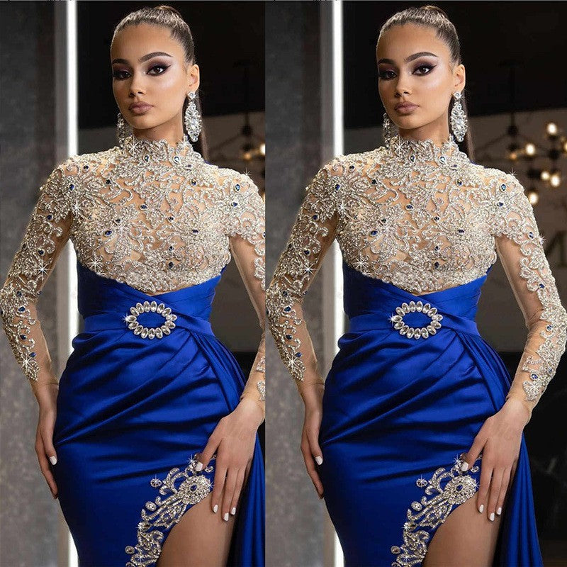 Women's Elegant Embroidered Long Sleeve Maxi Dress – Blue Mid-Waist Commuter Style
