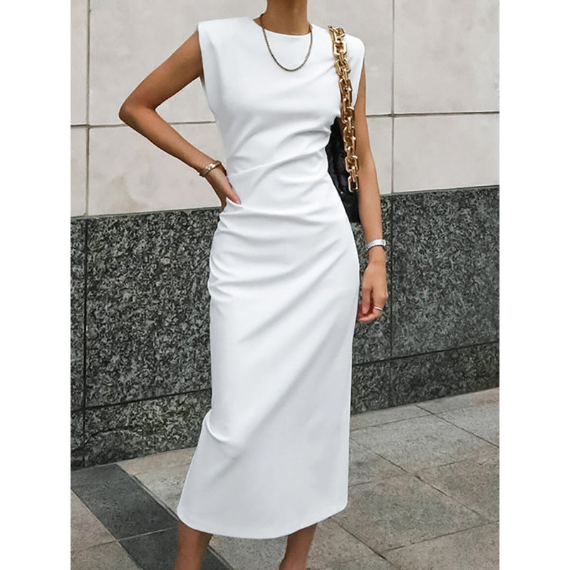 White High Waist Tight Skirt Dress – Zipper Detail Long Dress