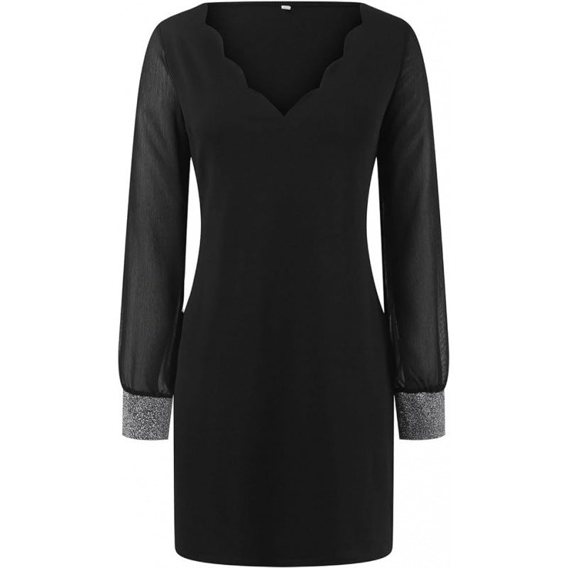 Black Sequin Stitching Pullover Dress – Street Style High Waist Mid-Length Dress