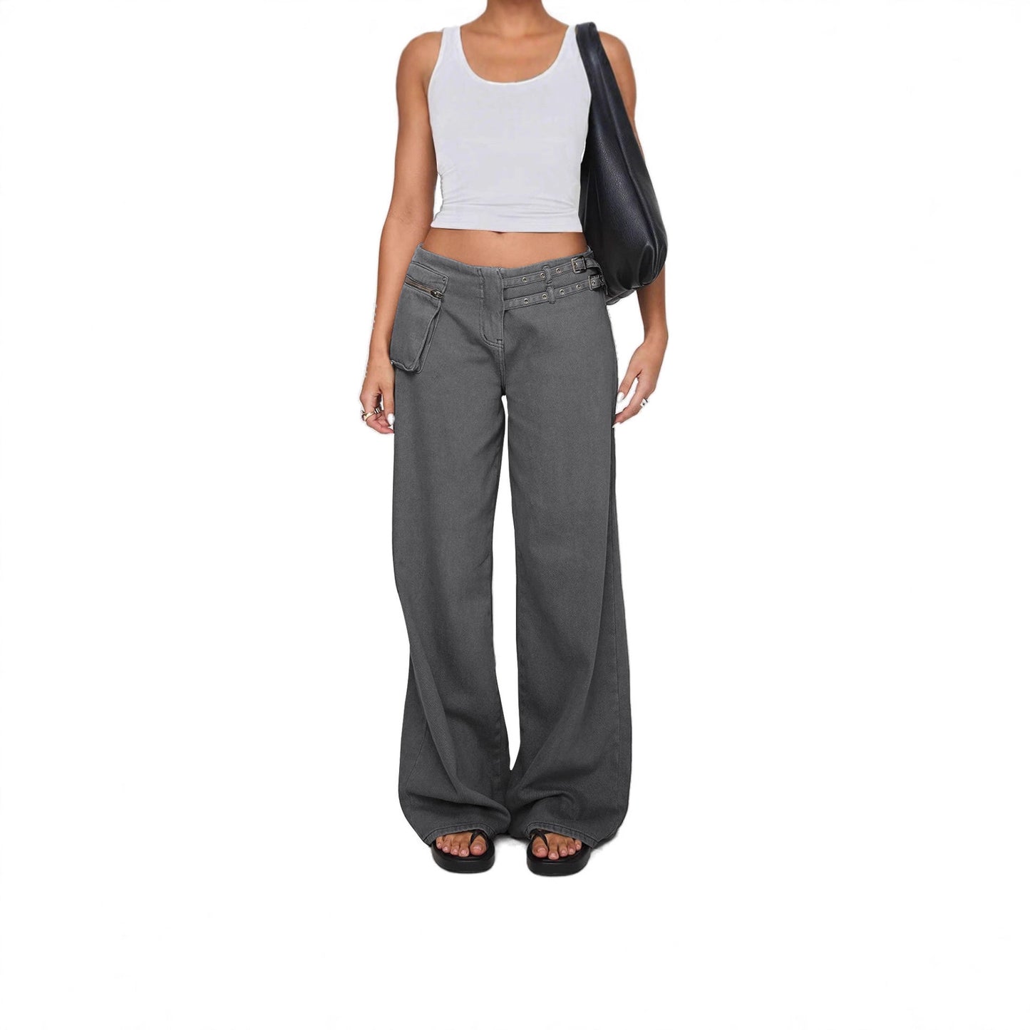 European & American Style Dark Wide-Leg Jeans with Unique Belt Buckle, Asymmetric Pocket, and Trendy Streetwear Vibe