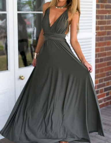 Women's Multi-Way Convertible Halter Maxi Dress – Backless Lace-Up Gown with Long Straps