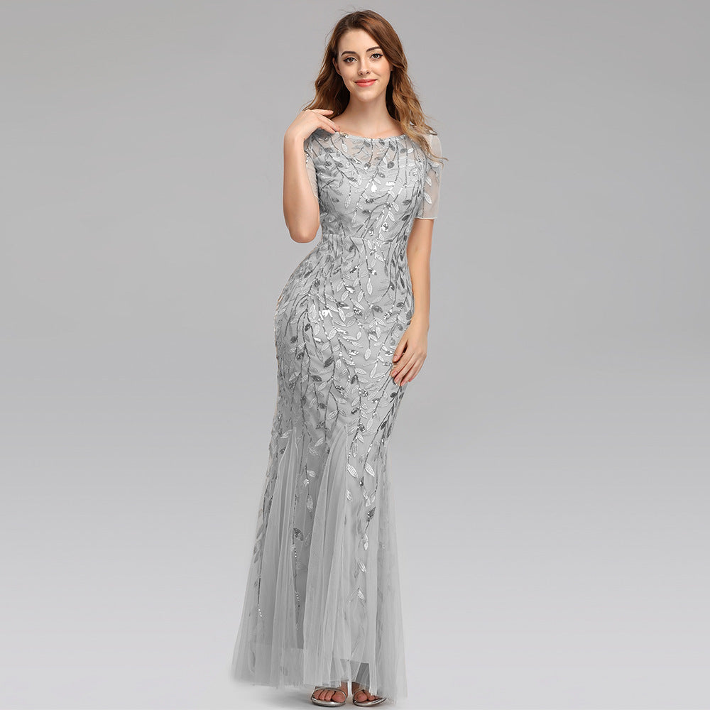 Elegant Lace & Embroidered Round Neck Floor-Length Dress