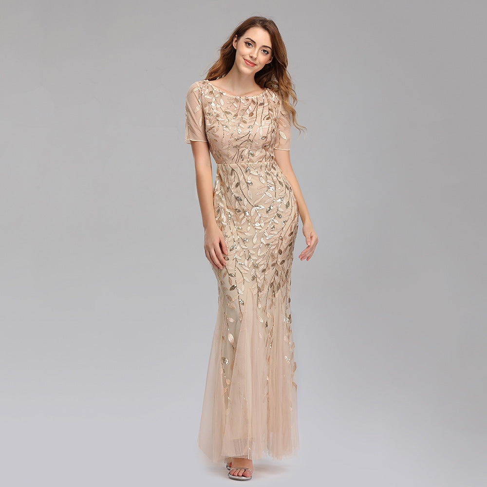 Elegant Lace & Embroidered Round Neck Floor-Length Dress