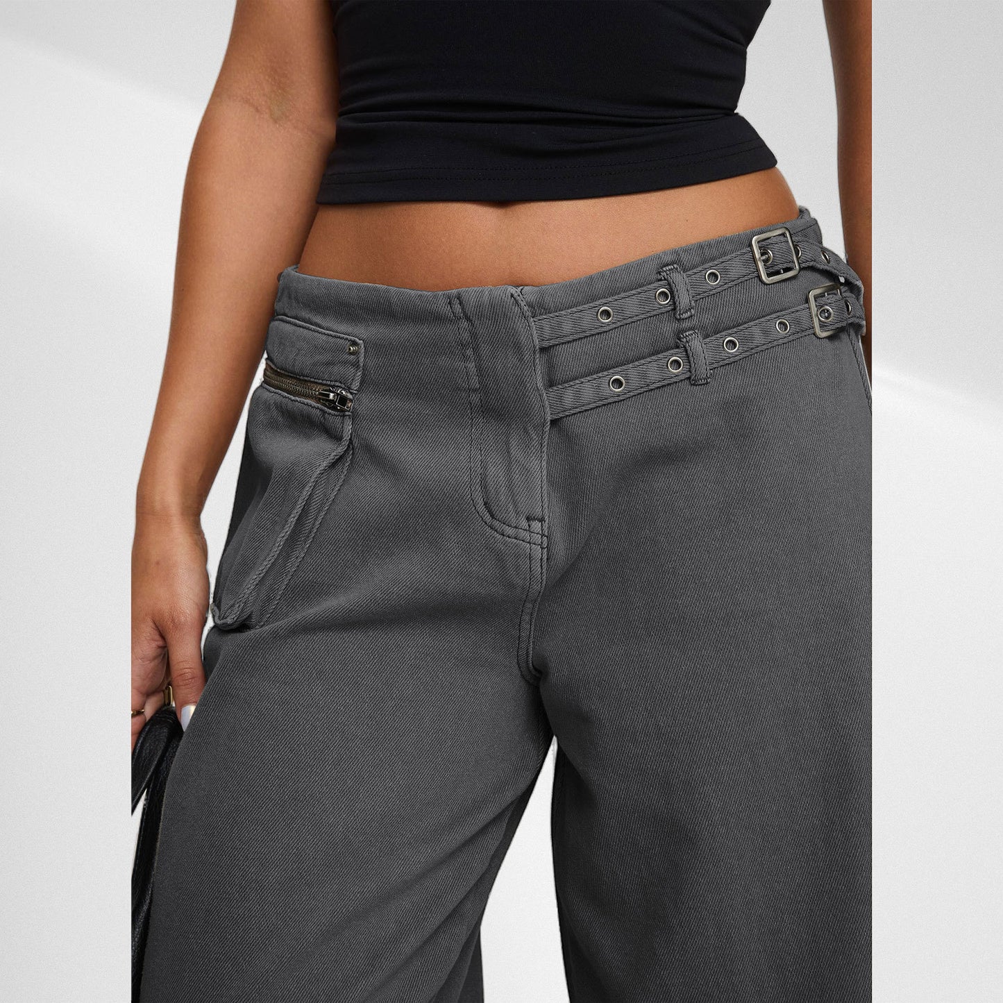European & American Style Dark Wide-Leg Jeans with Unique Belt Buckle, Asymmetric Pocket, and Trendy Streetwear Vibe