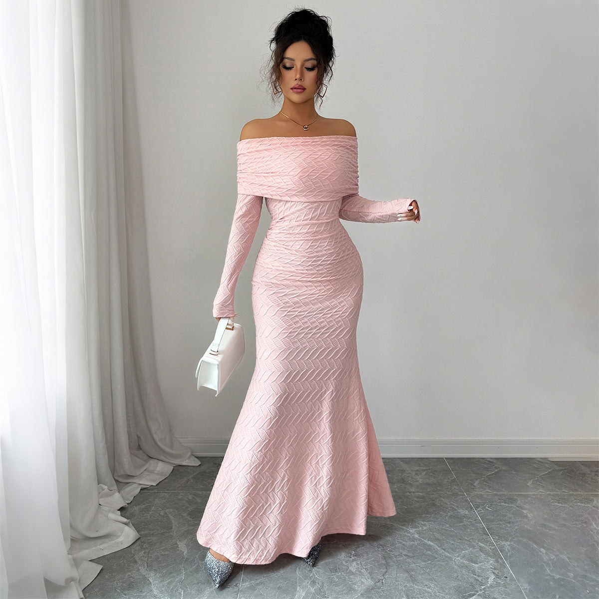 Women's Pink Long Sleeve Pullover Dress – Mid Waist Casual Elegance