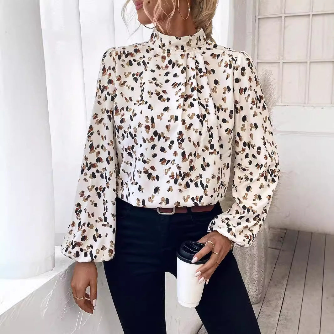 Women's White Lantern Sleeve Blouse Elegant Long Sleeve Polyester Top