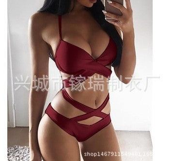 Women’s Sexy Solid Color Nylon Bikini Set With Steel Support