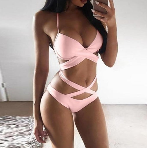 Women’s Sexy Solid Color Nylon Bikini Set With Steel Support