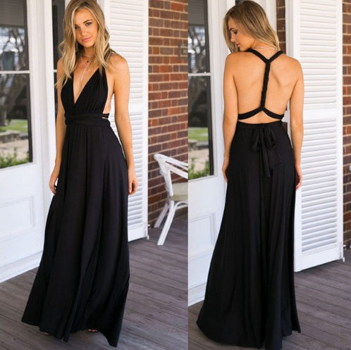 Women's Multi-Way Convertible Halter Maxi Dress – Backless Lace-Up Gown with Long Straps