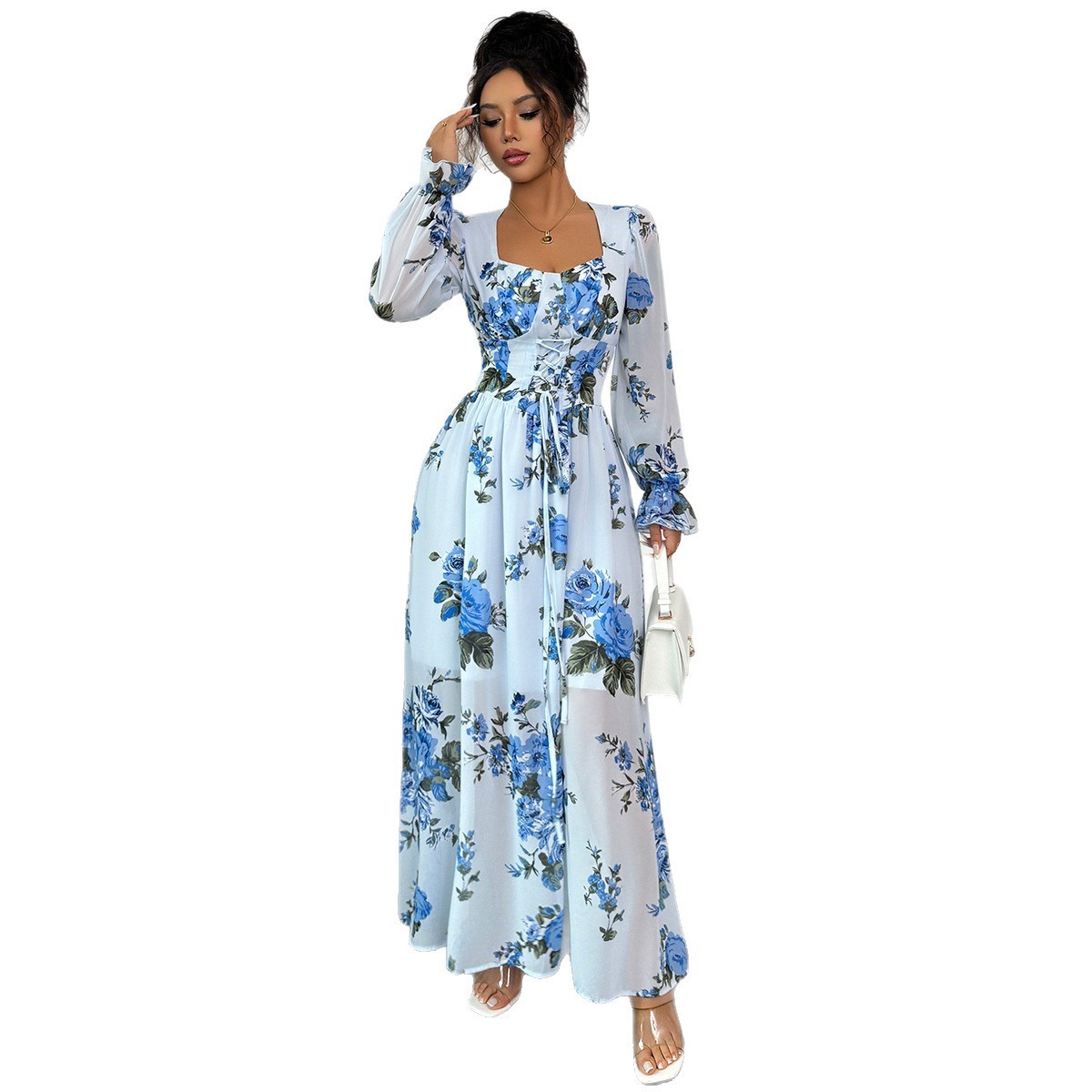 Women's Blue Floral Print Long Sleeve Dress – Mid Waist Elegant Casual Dress
