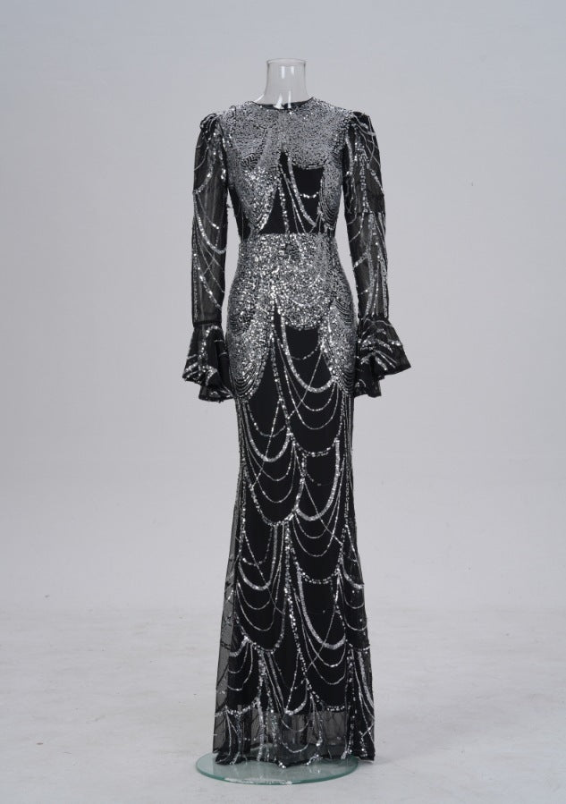 Black & Silver Sequin High-Waist Long Sleeve Evening Dress