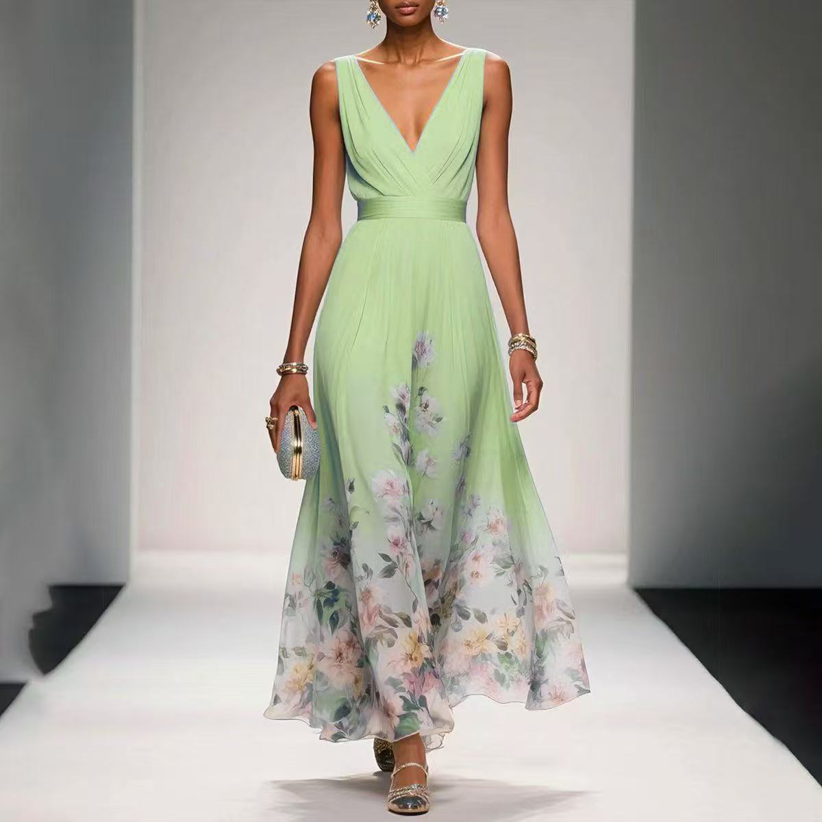 Light Blue High-Waist Sleeveless Long Dress – European & American Style