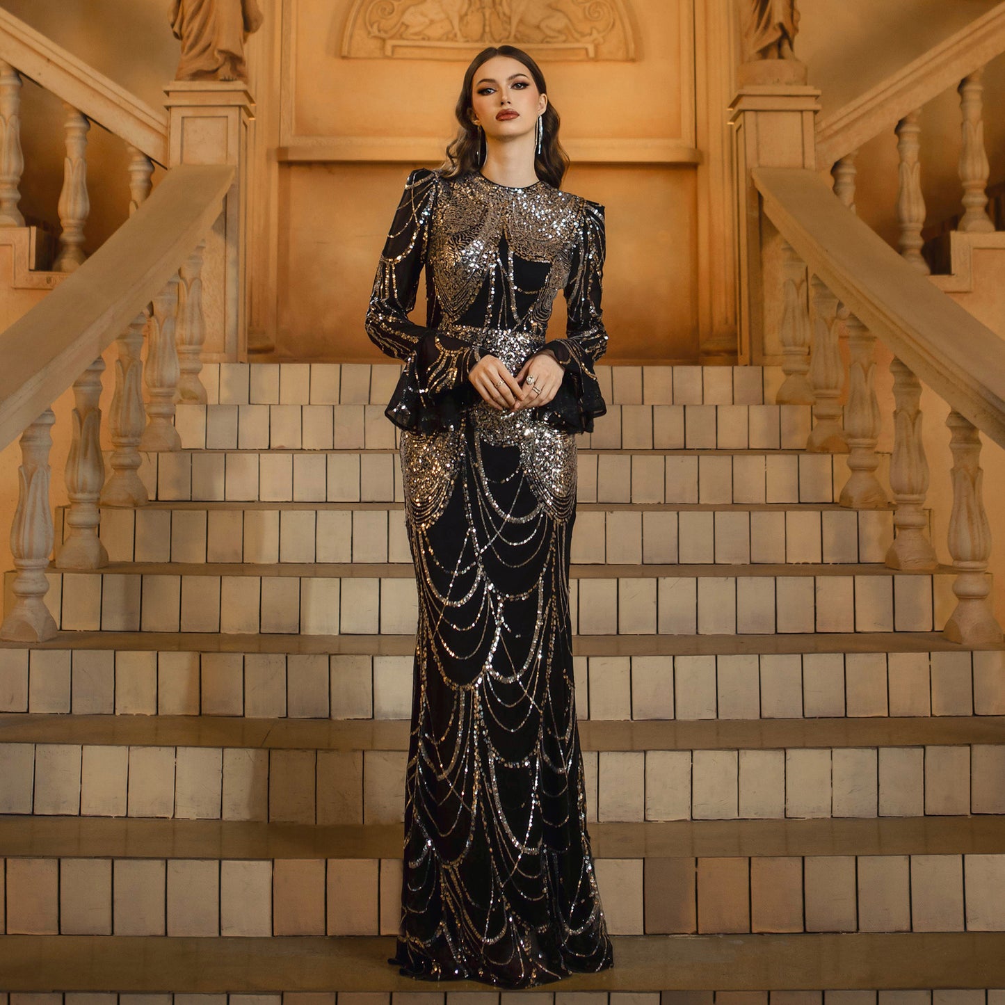 Black & Silver Sequin High-Waist Long Sleeve Evening Dress