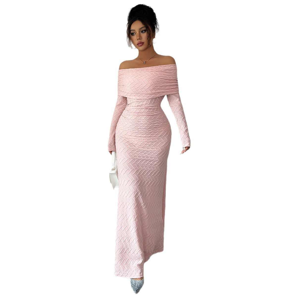 Women's Pink Long Sleeve Pullover Dress – Mid Waist Casual Elegance
