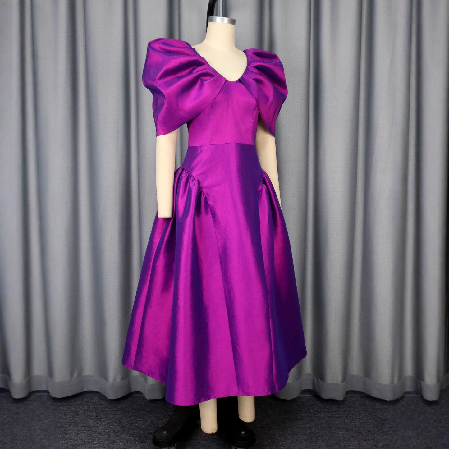 Elegant Purple A-Line High-Waist Dress with Puff Sleeves – S to XXL