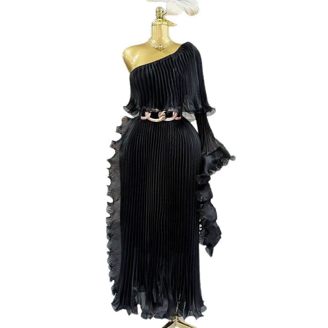 High-Waist Long Polyester Dress – Free Size, White / Black / Pink / Khaki