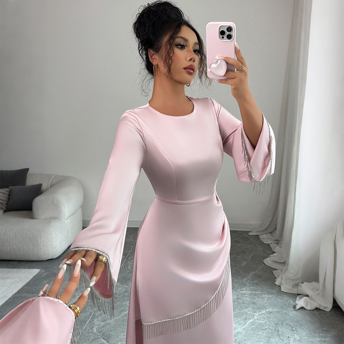 Women's High-Waist Pink Long Sleeve Dress – Elegant Polyester Midi Dress