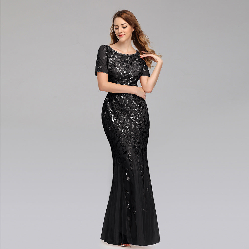 Elegant Lace & Embroidered Round Neck Floor-Length Dress