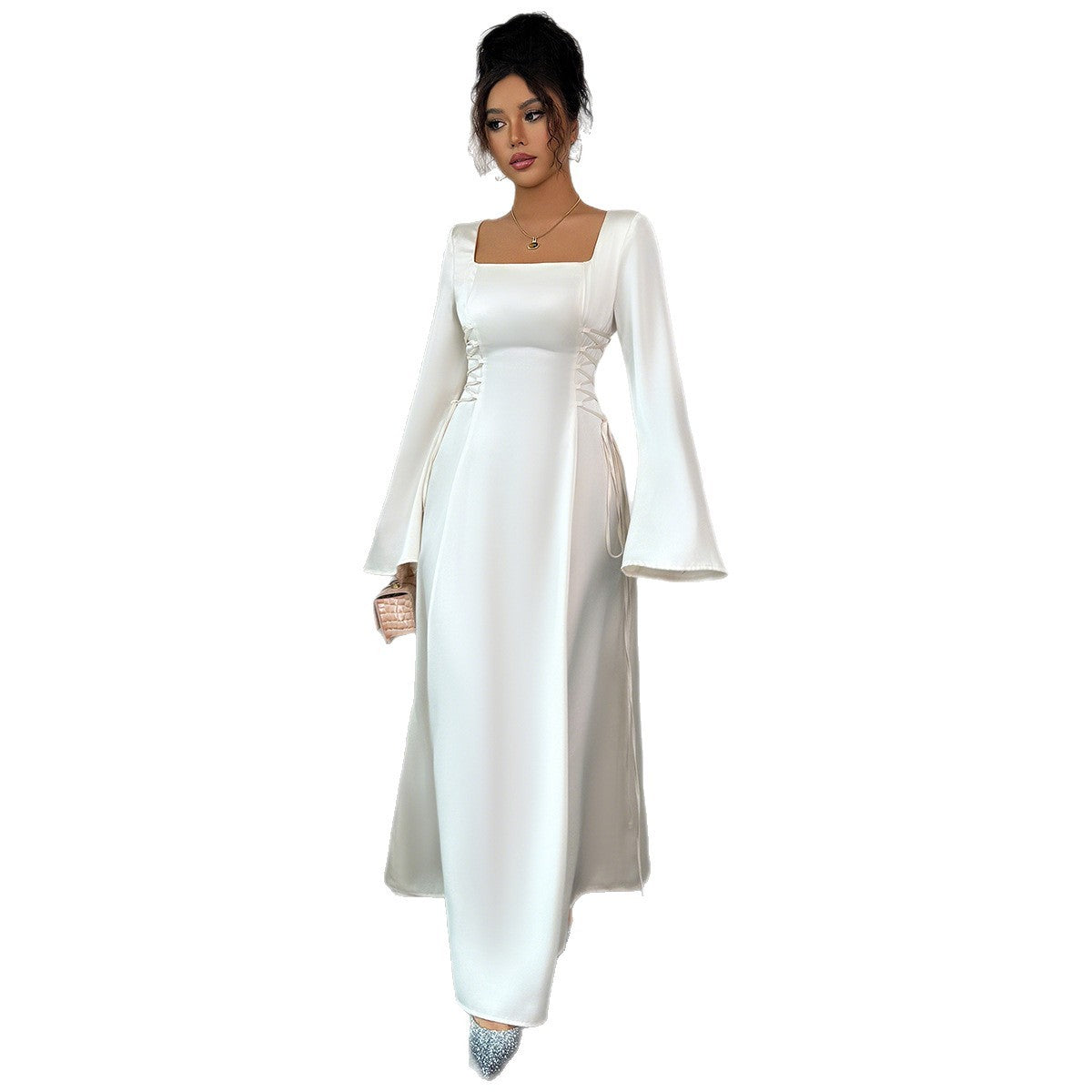 Women's Apricot Bell Sleeve Midi Dress – Elegant Mid Waist Long Sleeve Dress