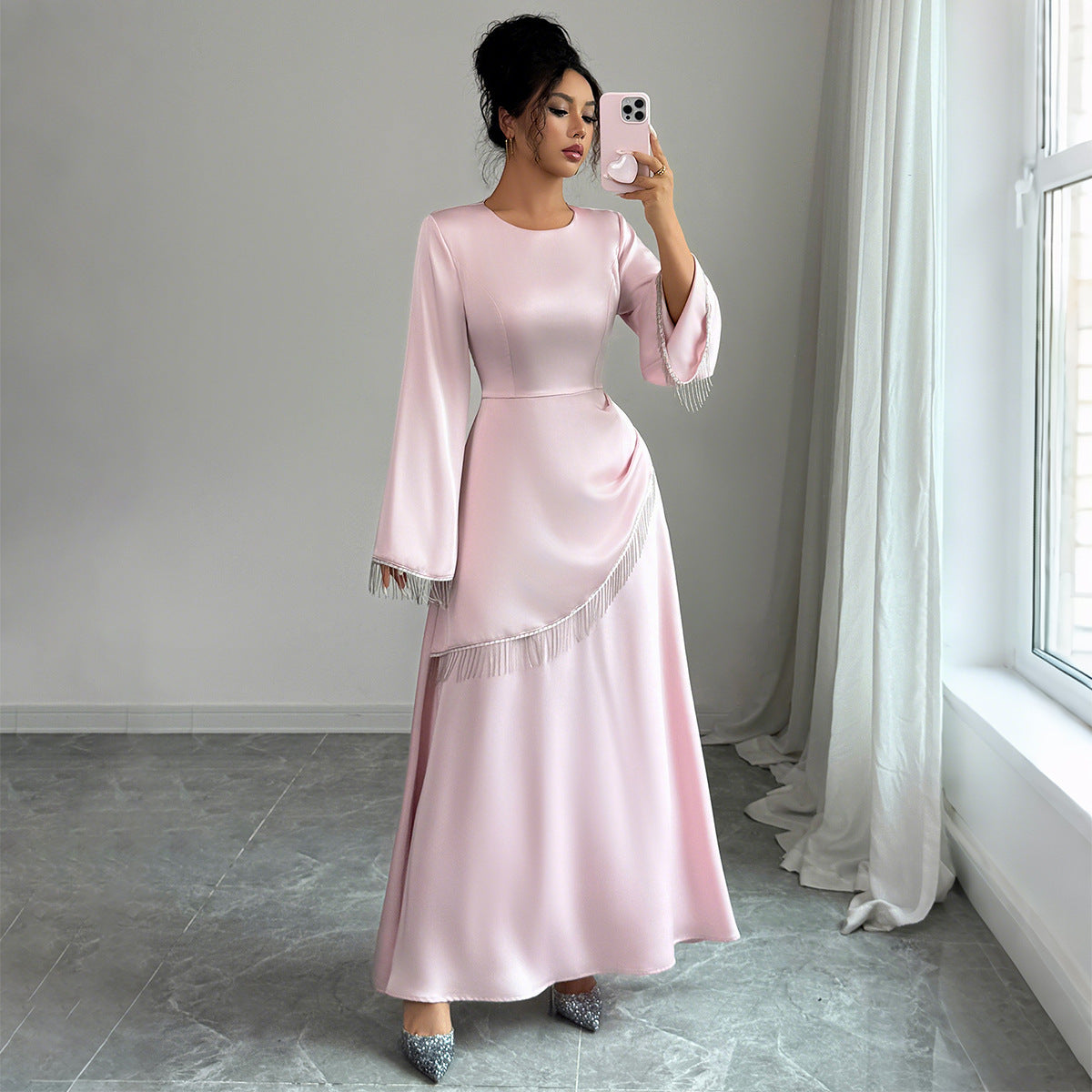 Elegant pink high-waist dress with long regular sleeves. Feminine and flattering, perfect for work or casual events. Lightweight polyester. Sizes S–XL.