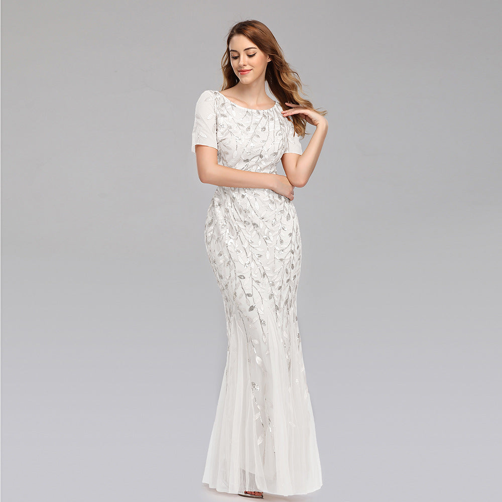 Elegant Lace & Embroidered Round Neck Floor-Length Dress