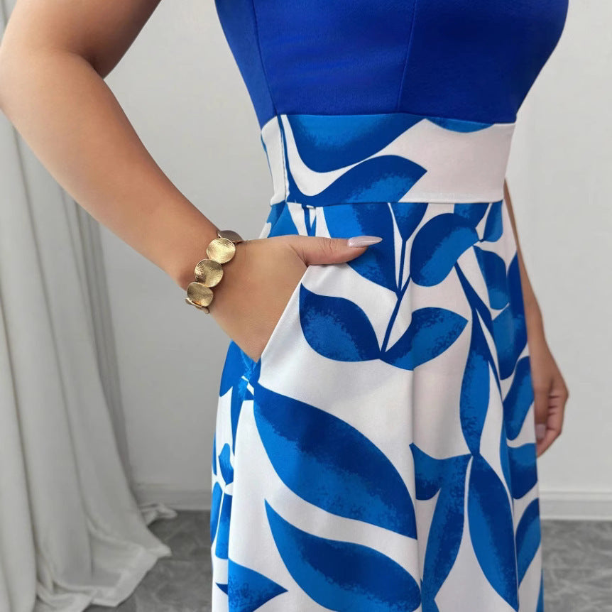 Women's Blue Sleeveless High Waist Long Dress – Elegant Patterned Commute Style