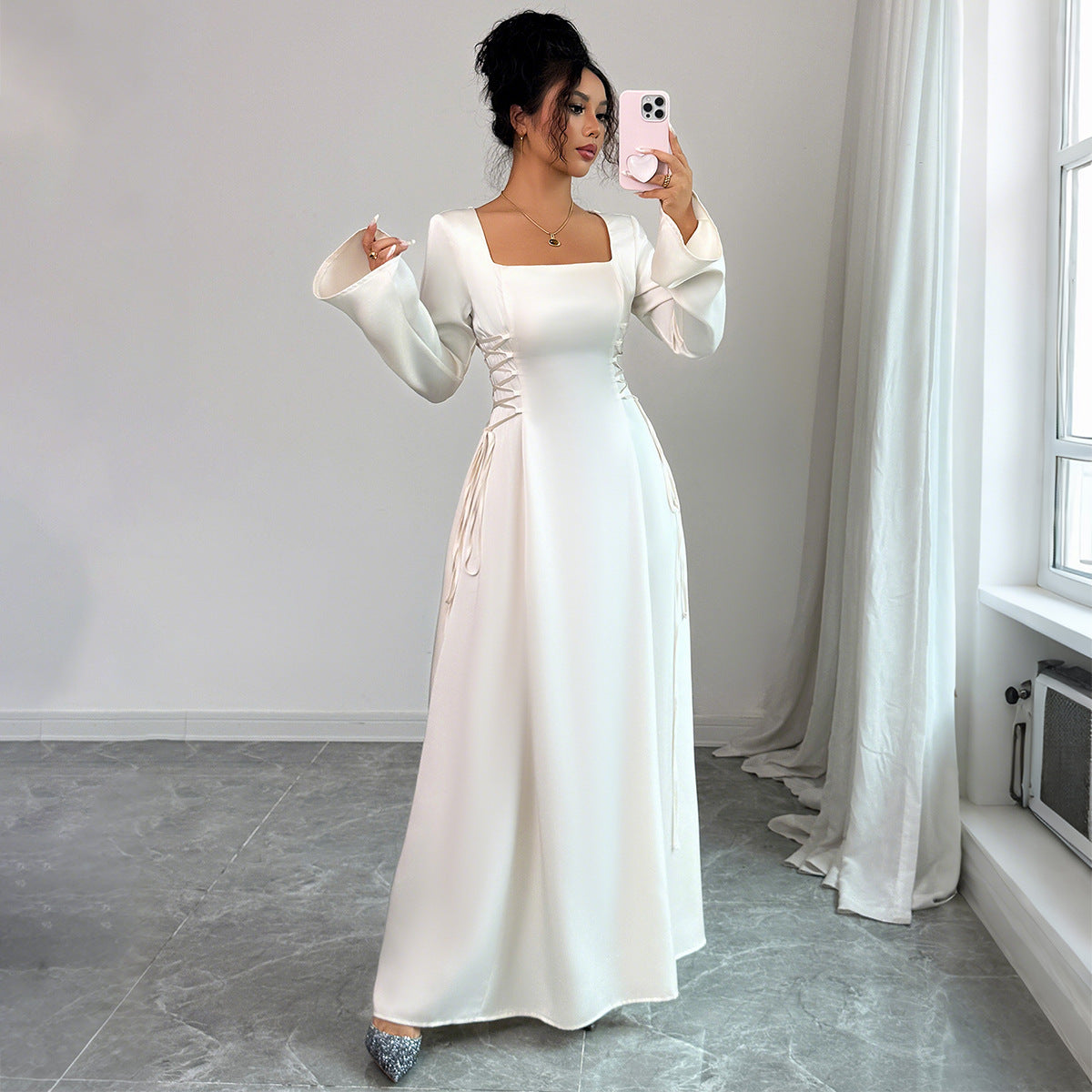 Women's Apricot Bell Sleeve Midi Dress – Elegant Mid Waist Long Sleeve Dress